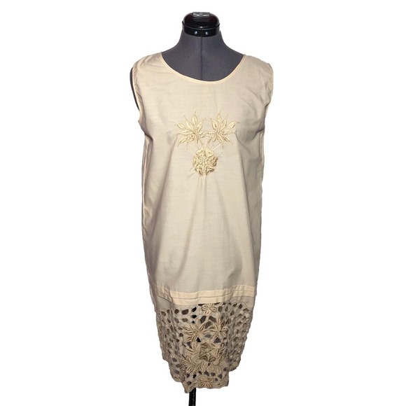 Antique Dresses & Skirts - Authentic Vintage 1920s Embroidered Cotton Shift Dress Lace Hem Flapper Antique